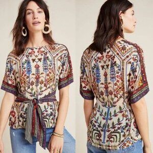 Anthropologie Vineet Bahl Meknes Top S/XS Embroidered Tie Front Mixed Print READ